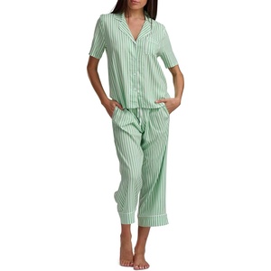 image:imageSplendid Womens Short Sleeve Notch Top and Cropped Pant Pajama SetFog Green Stripe